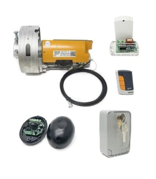 Kit motor puerta enrollable ACM Titan 170k con electro freno, cuadro de control, fotocélula y mandos, también tiene taquilla desbloqueo