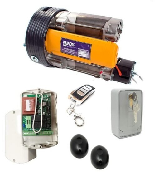 Kit bimotor puerta enrollable Roll 300kg con electro freno, placa de control, fotocelula, mandos y taquilla desbloqueo