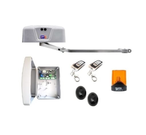 Kit 1 motor articulado de 230v modelo VDS TEKNO para puertas de garaje batientes abatibles de 1 hoja, con cuadro de control, 2 mandos rolling code, lámpara destellante VDS Led, y fotocélulas