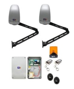 Kit 2 motores articulados de 24v modelo VDS IBIS para puertas de garaje batientes abatibles de 2 hojas, con cuadro de control, 2 mandos rolling code, lámpara destellante VDS Led, y fotocélulas