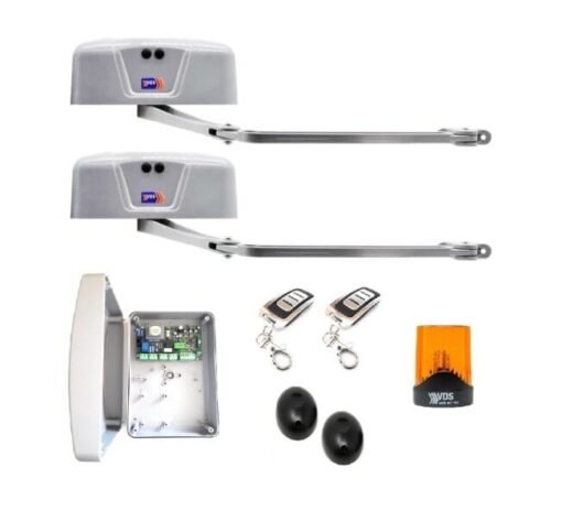 Kit 2 motores articulados de 230v modelo VDS TEKNO para puertas de garaje batientes abatiblesde 2 hojas, con cuadro de control, 2 mandos rolling code, lámpara destellante VDS Led, y fotocélulas