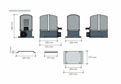 Kit motor puerta corredera EMFA CU 500kg 230v con cremallera de acero, fotocélula y mandos, con cuadro de control placa electrónica Proteco, similar al modelo Mover 5, Mover 8, Mover 10