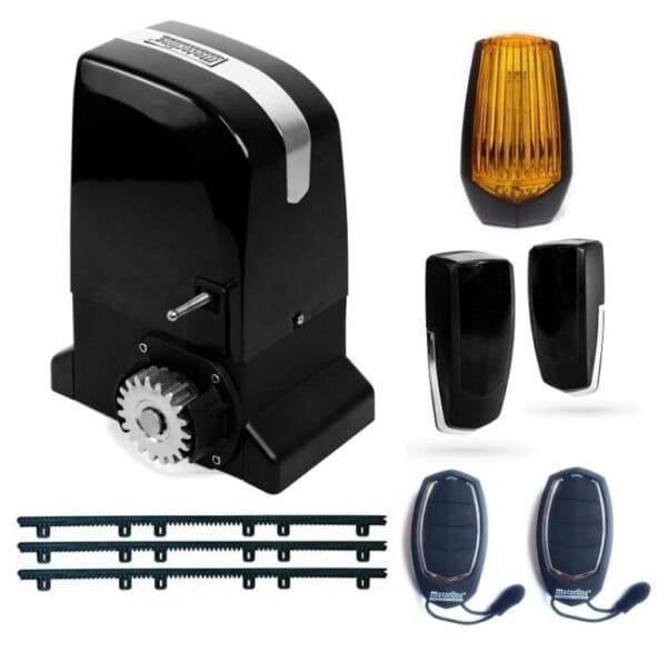 Kit motor puerta corredera Slide 800kg 230v con cremallera de nylon, mandos, fotocélula y lámpara de destellos