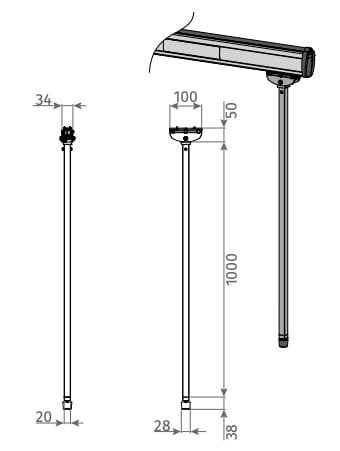 Soporte móvil para mástil de barreras de tráfico Motorline. Cuenta con un brazo ajustable en altura para adaptarse al nivel exacto del mástil de la barrera.